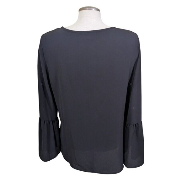 Spense Blouse Women Size Medium Black Split Long Bell Sleeve Grommet Accent - Picture 6 of 8